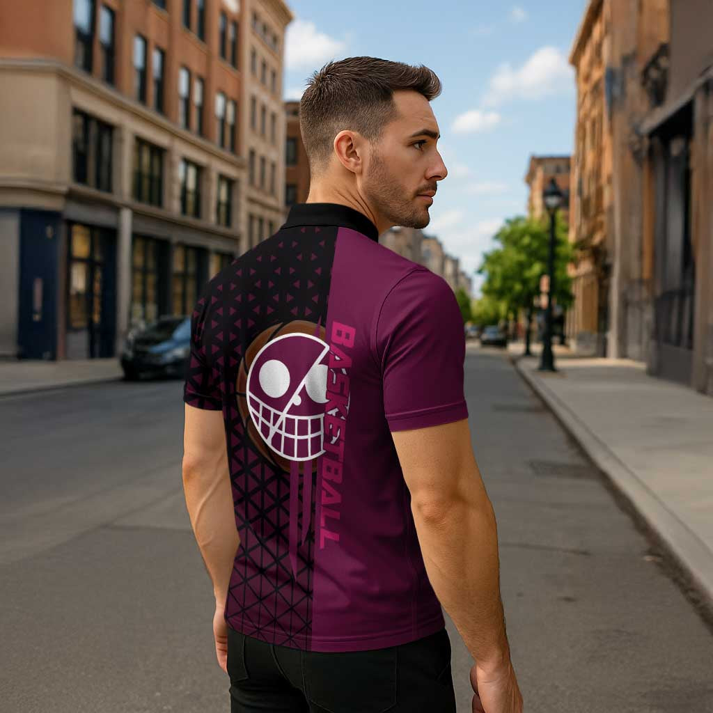 Donquixote Doflamingo One Piece Basketball Theme Maroon and Black Design Zipper Polo Shirt with Smiling Emblem and Aggressive Pose - The Mazicc