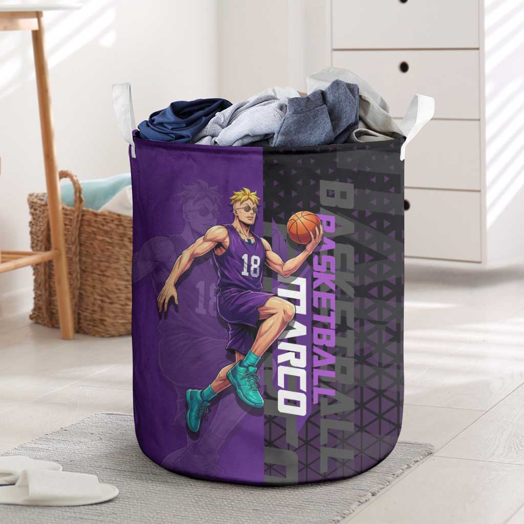 Marco One Piece Basketball Theme Purple and Black Design Laundry Basket with Phoenix Emblem and Action Pose - The Mazicc