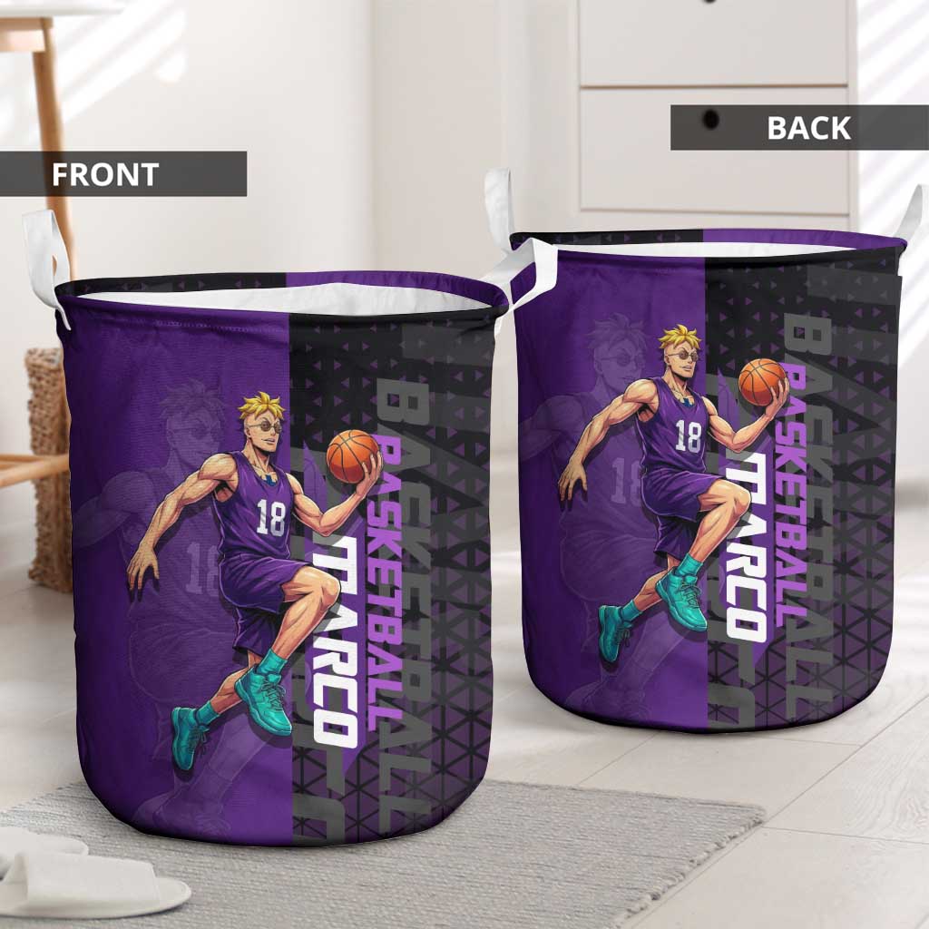 Marco One Piece Basketball Theme Purple and Black Design Laundry Basket with Phoenix Emblem and Action Pose - The Mazicc