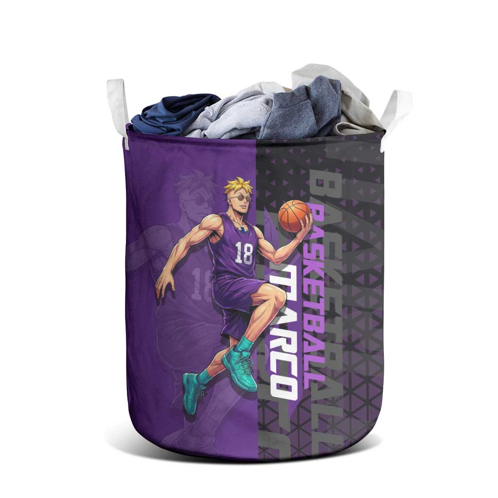 Marco One Piece Basketball Theme Purple and Black Design Laundry Basket with Phoenix Emblem and Action Pose - The Mazicc