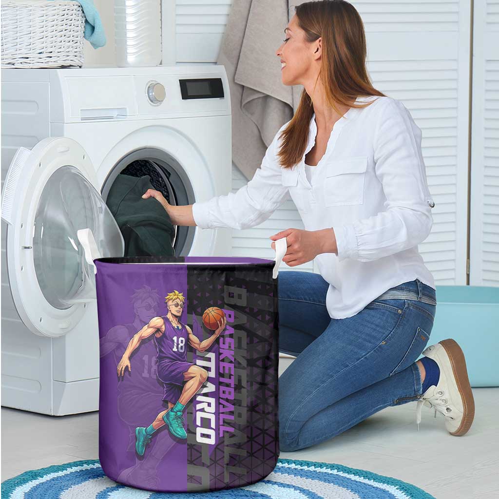 Marco One Piece Basketball Theme Purple and Black Design Laundry Basket with Phoenix Emblem and Action Pose - The Mazicc