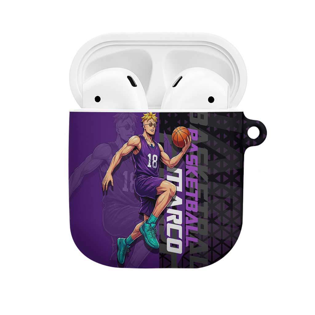 Marco One Piece Basketball Theme Purple and Black Design AirPods Case with Phoenix Emblem and Action Pose - The Mazicc