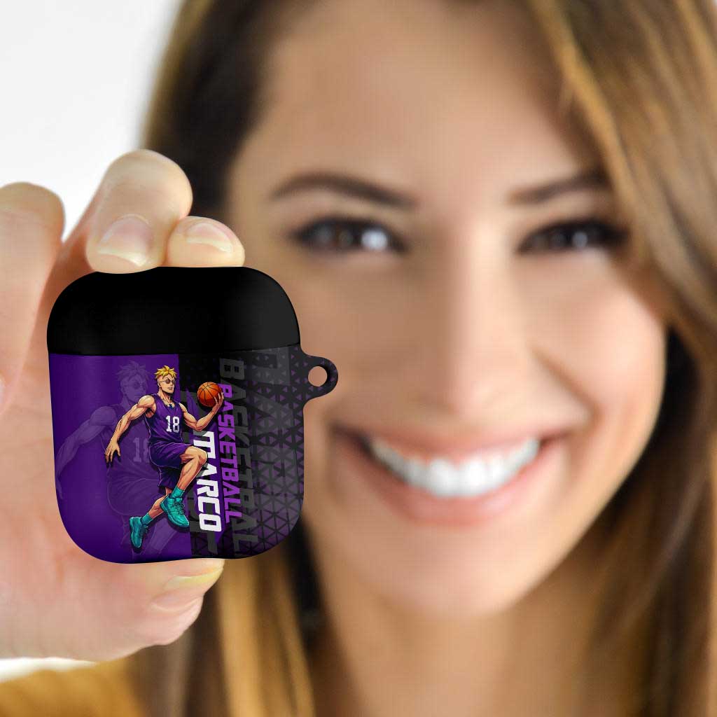 Marco One Piece Basketball Theme Purple and Black Design AirPods Case with Phoenix Emblem and Action Pose - The Mazicc