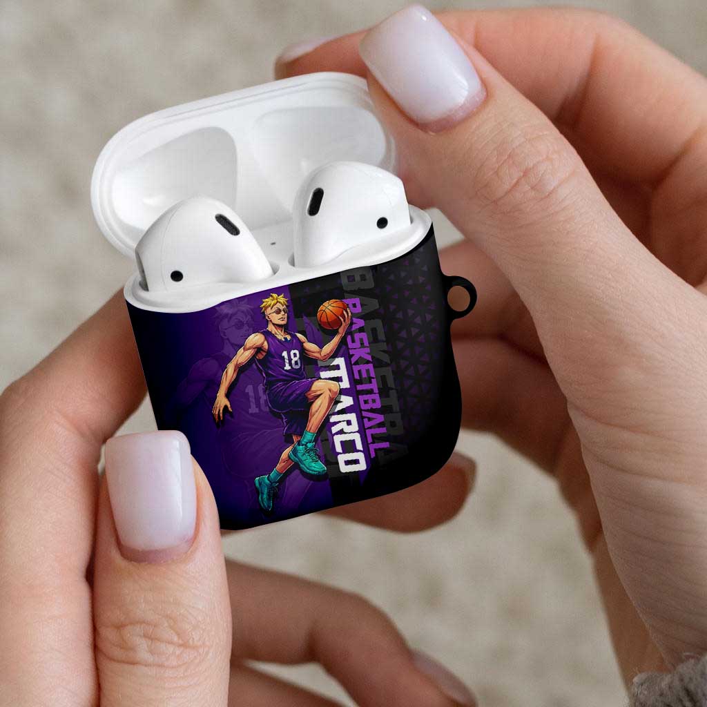 Marco One Piece Basketball Theme Purple and Black Design AirPods Case with Phoenix Emblem and Action Pose - The Mazicc