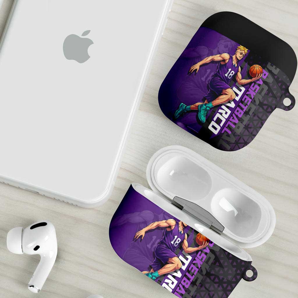 Marco One Piece Basketball Theme Purple and Black Design AirPods Case with Phoenix Emblem and Action Pose - The Mazicc