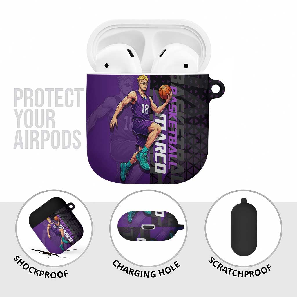 Marco One Piece Basketball Theme Purple and Black Design AirPods Case with Phoenix Emblem and Action Pose - The Mazicc