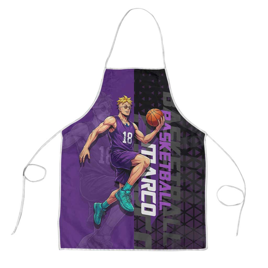 Marco One Piece Basketball Theme Purple and Black Design Apron with Phoenix Emblem and Action Pose - The Mazicc