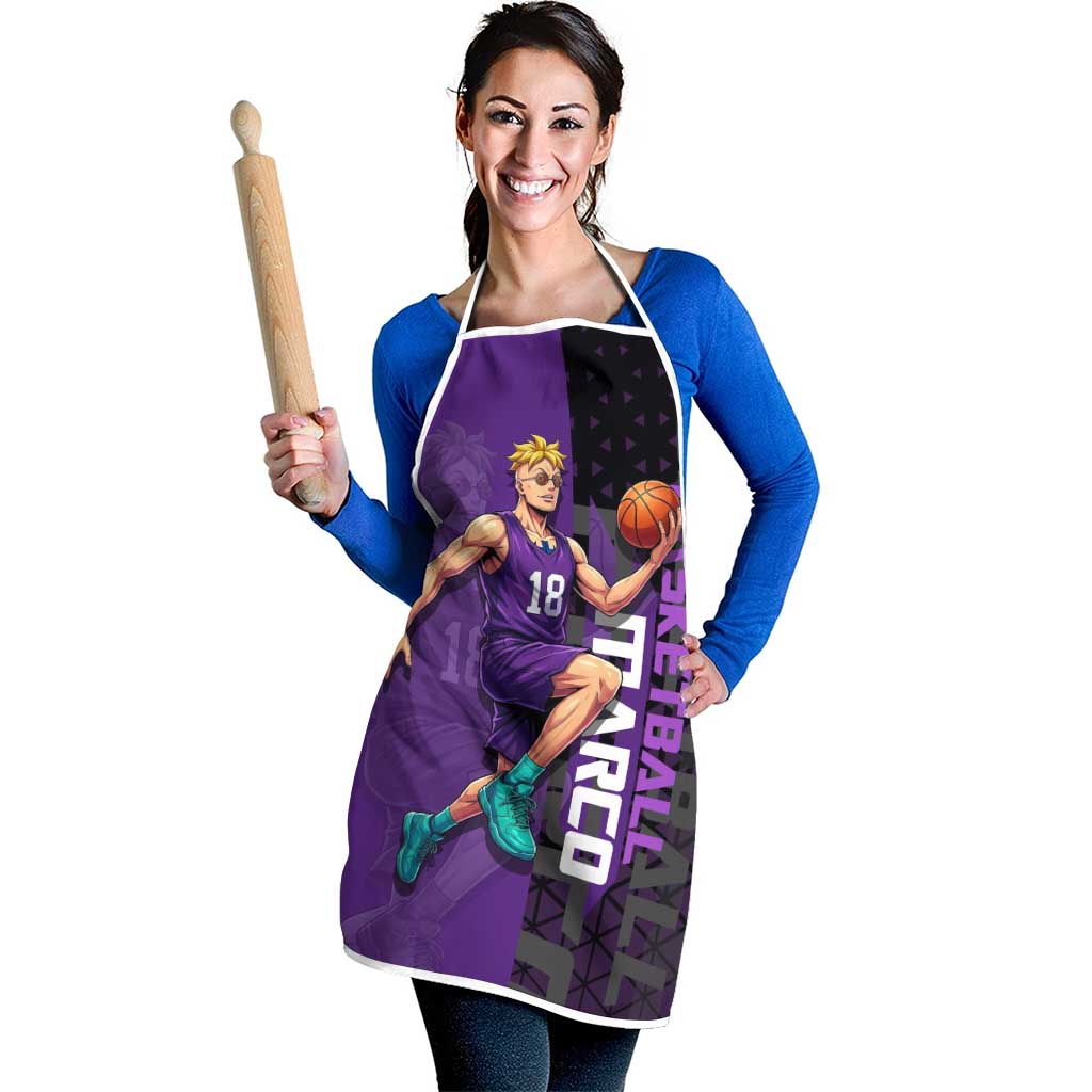 Marco One Piece Basketball Theme Purple and Black Design Apron with Phoenix Emblem and Action Pose - The Mazicc