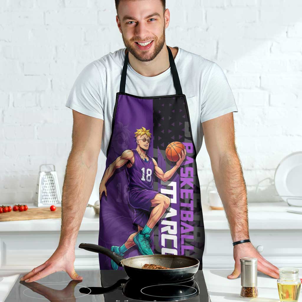 Marco One Piece Basketball Theme Purple and Black Design Apron with Phoenix Emblem and Action Pose - The Mazicc