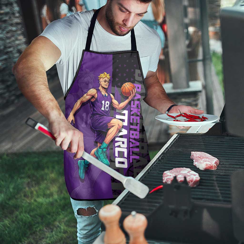 Marco One Piece Basketball Theme Purple and Black Design Apron with Phoenix Emblem and Action Pose - The Mazicc