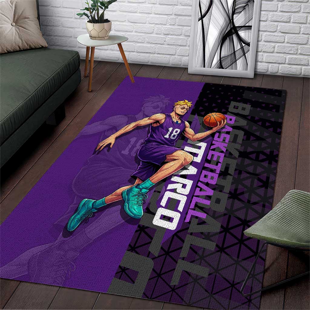 Marco One Piece Basketball Theme Purple and Black Design Area Rug with Phoenix Emblem and Action Pose - The Mazicc