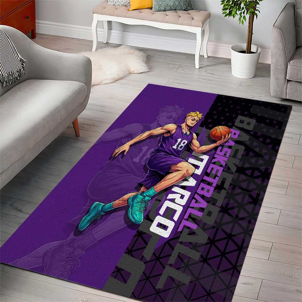Marco One Piece Basketball Theme Purple and Black Design Area Rug with Phoenix Emblem and Action Pose - The Mazicc