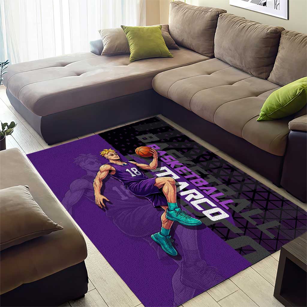 Marco One Piece Basketball Theme Purple and Black Design Area Rug with Phoenix Emblem and Action Pose - The Mazicc
