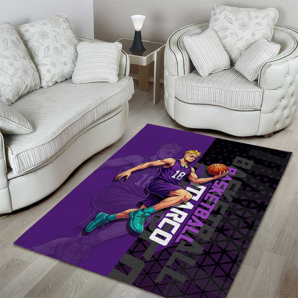 Marco One Piece Basketball Theme Purple and Black Design Area Rug with Phoenix Emblem and Action Pose - The Mazicc