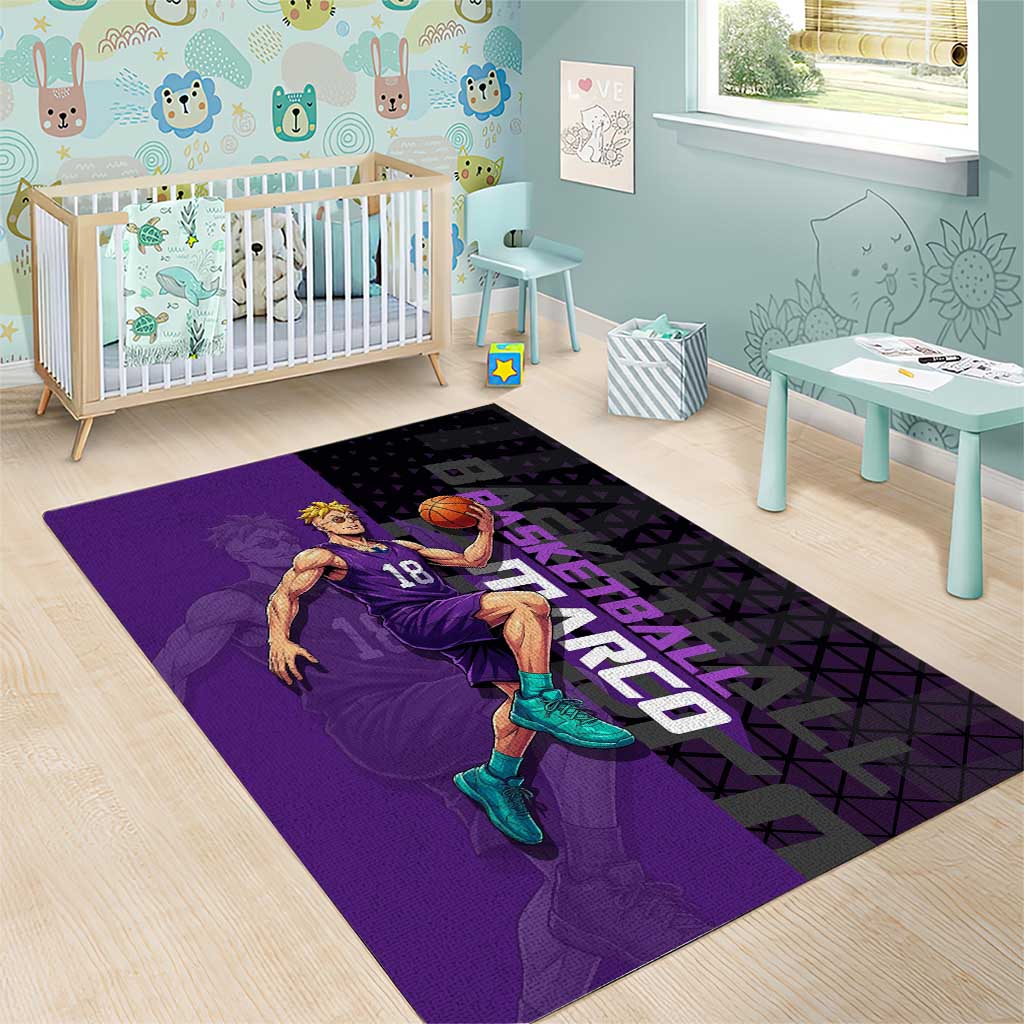 Marco One Piece Basketball Theme Purple and Black Design Area Rug with Phoenix Emblem and Action Pose - The Mazicc