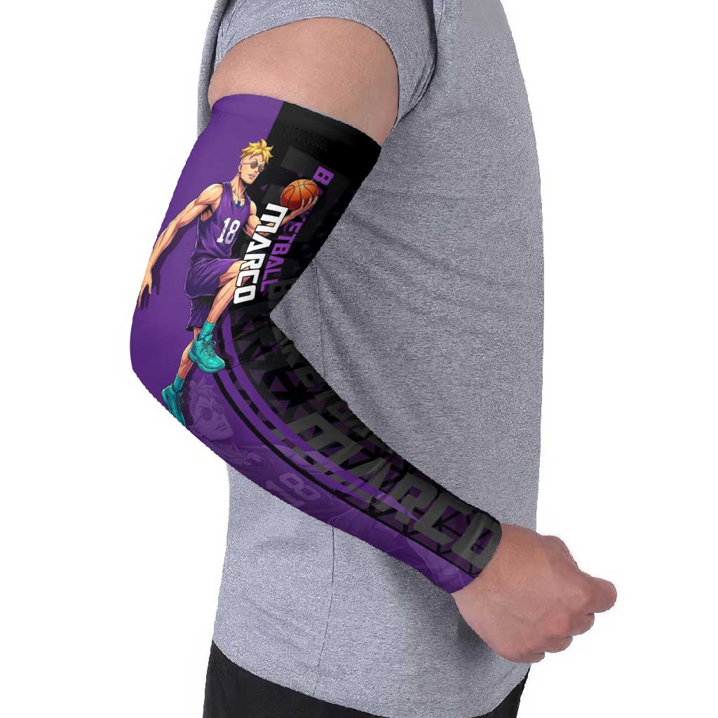 Marco One Piece Basketball Theme Purple and Black Design Arm Sleeves with Phoenix Emblem and Action Pose - The Mazicc