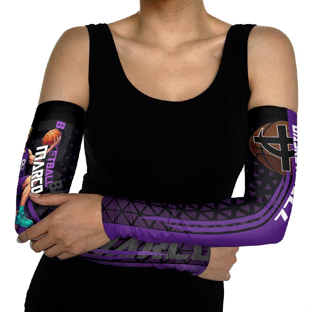 Marco One Piece Basketball Theme Purple and Black Design Arm Sleeves with Phoenix Emblem and Action Pose - The Mazicc