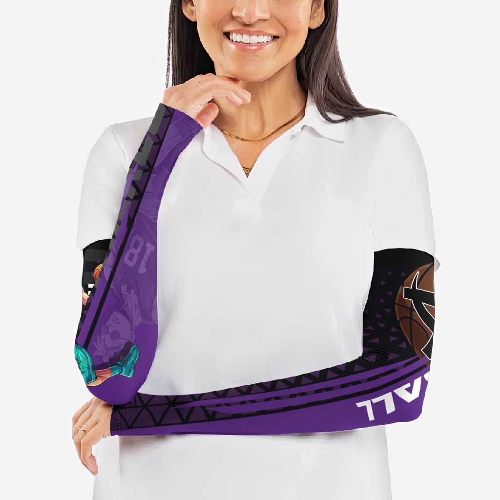 Marco One Piece Basketball Theme Purple and Black Design Arm Sleeves with Phoenix Emblem and Action Pose - The Mazicc