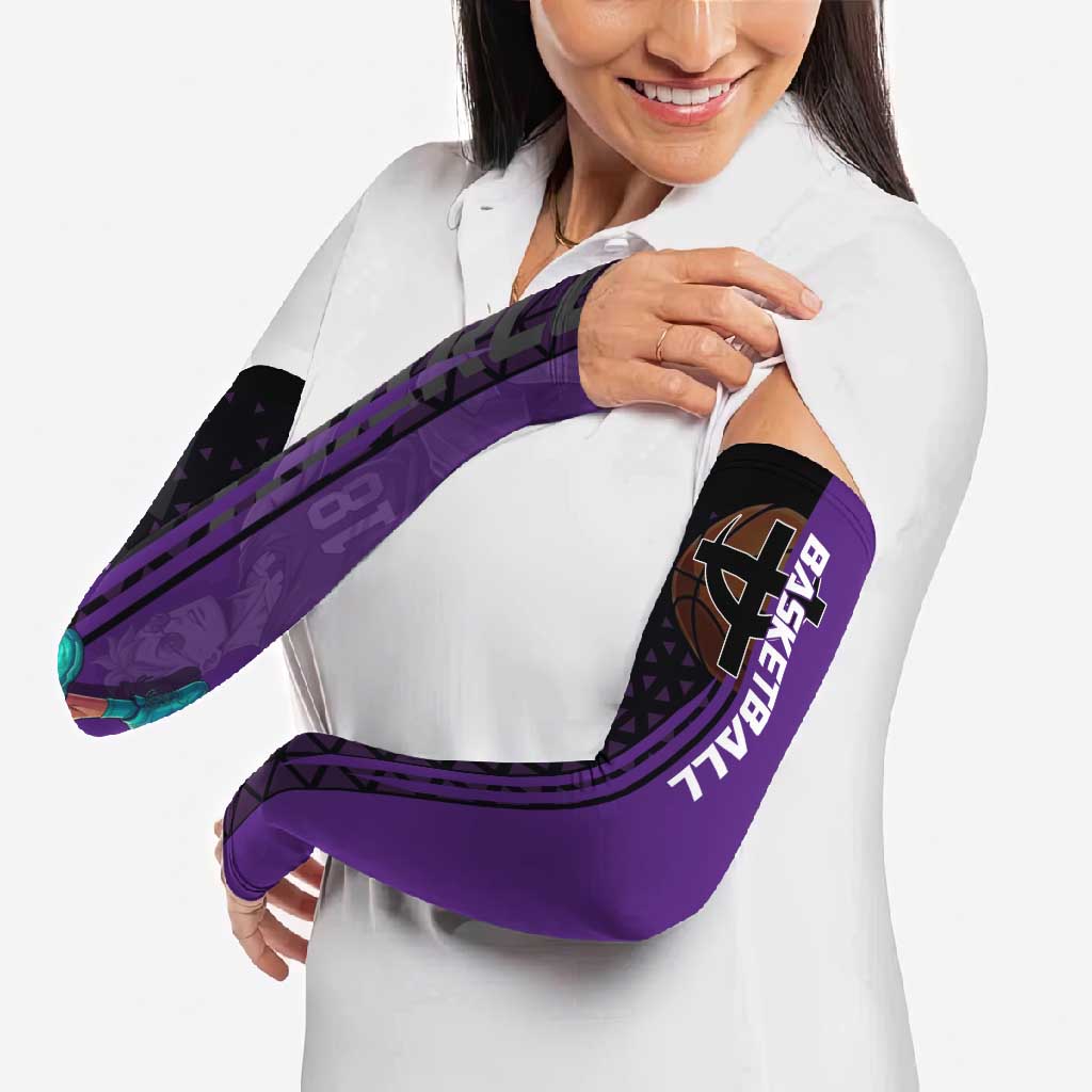 Marco One Piece Basketball Theme Purple and Black Design Arm Sleeves with Phoenix Emblem and Action Pose - The Mazicc
