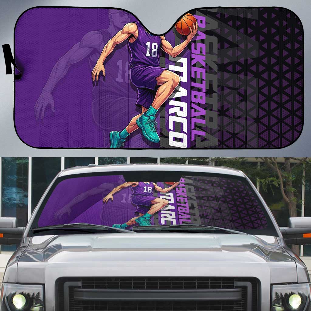 Marco One Piece Basketball Theme Purple and Black Design Auto Sun Shade with Phoenix Emblem and Action Pose - The Mazicc