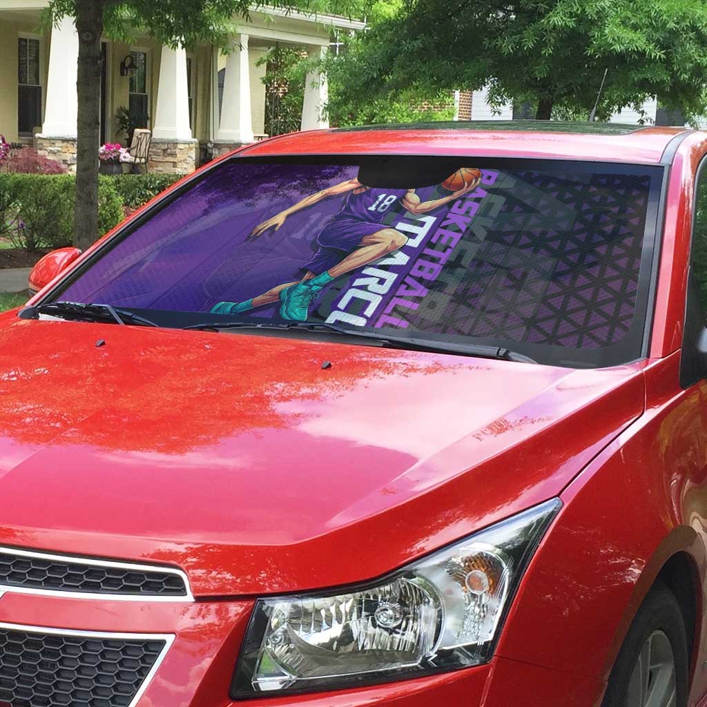 Marco One Piece Basketball Theme Purple and Black Design Auto Sun Shade with Phoenix Emblem and Action Pose - The Mazicc