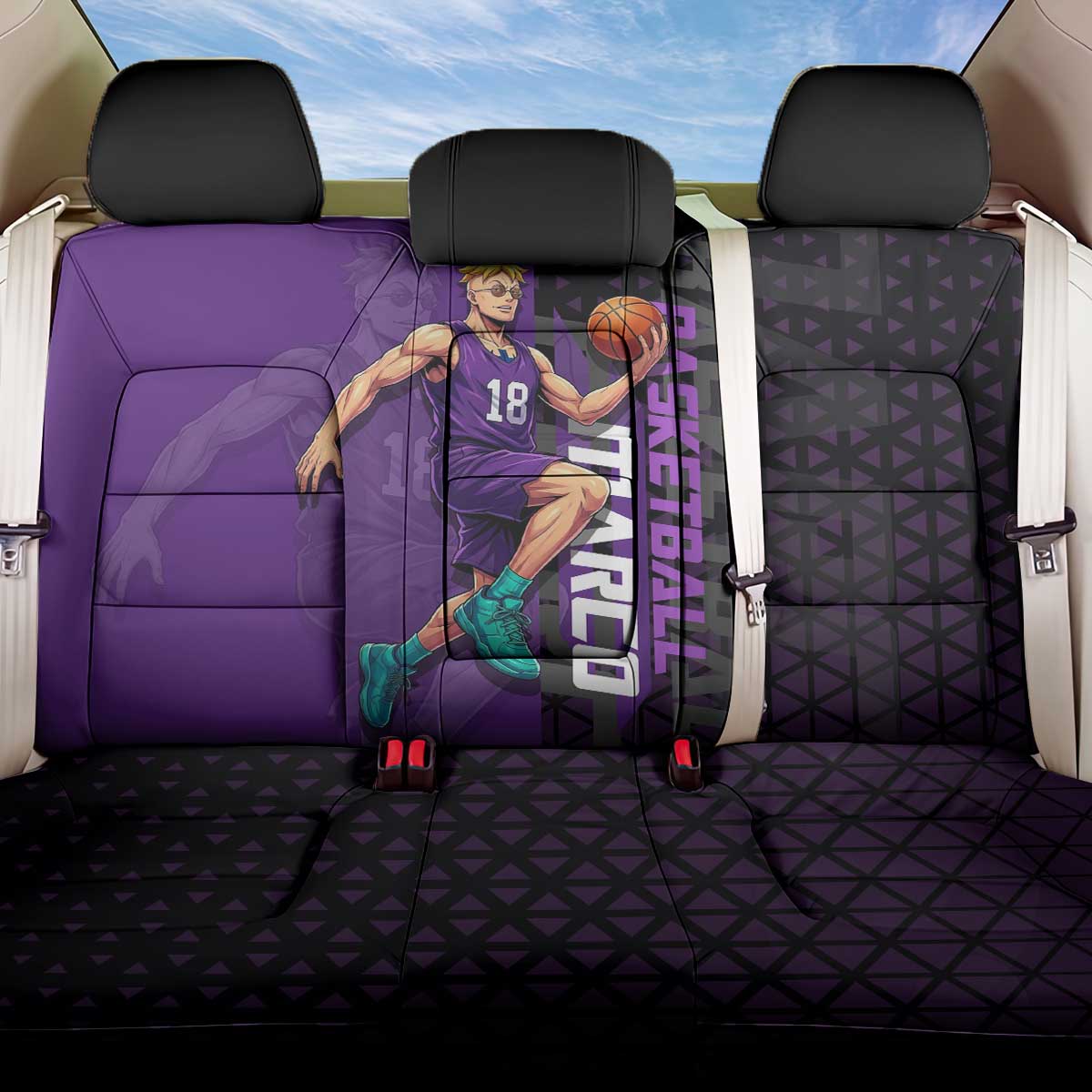 Marco One Piece Basketball Theme Purple and Black Design Back Car Seat Cover with Phoenix Emblem and Action Pose - The Mazicc