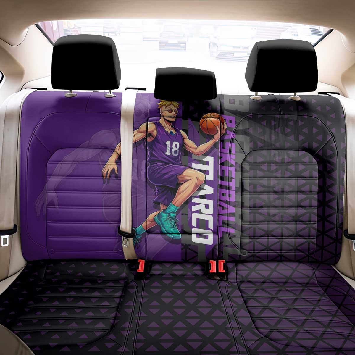 Marco One Piece Basketball Theme Purple and Black Design Back Car Seat Cover with Phoenix Emblem and Action Pose - The Mazicc