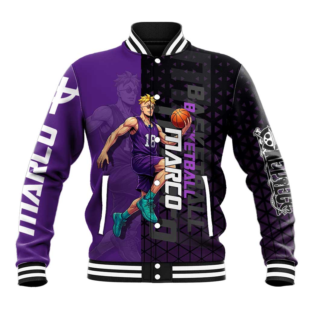Marco One Piece Basketball Theme Purple and Black Design Baseball Jacket with Phoenix Emblem and Action Pose - The Mazicc