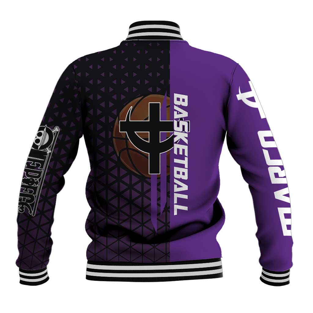Marco One Piece Basketball Theme Purple and Black Design Baseball Jacket with Phoenix Emblem and Action Pose - The Mazicc