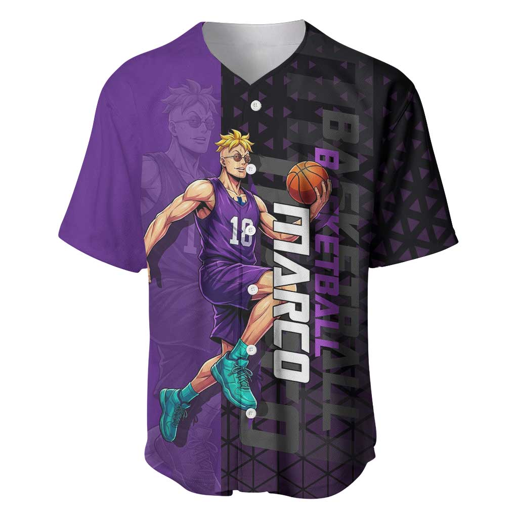 Marco One Piece Basketball Theme Purple and Black Design Baseball Jersey with Phoenix Emblem and Action Pose - The Mazicc