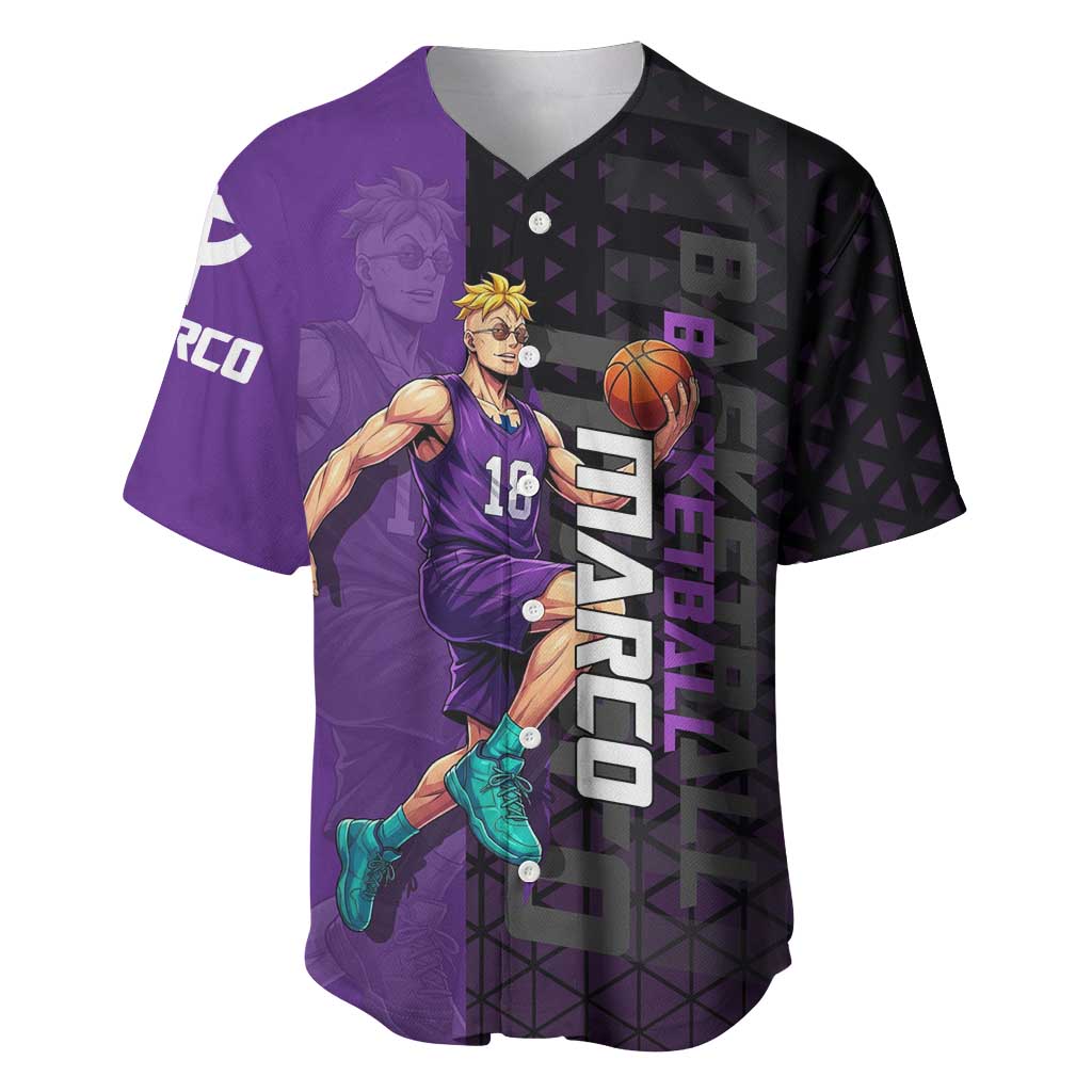 Marco One Piece Basketball Theme Purple and Black Design Baseball Jersey with Phoenix Emblem and Action Pose - The Mazicc