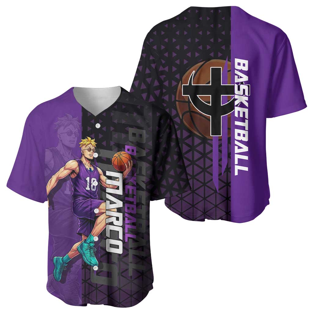 Marco One Piece Basketball Theme Purple and Black Design Baseball Jersey with Phoenix Emblem and Action Pose - The Mazicc