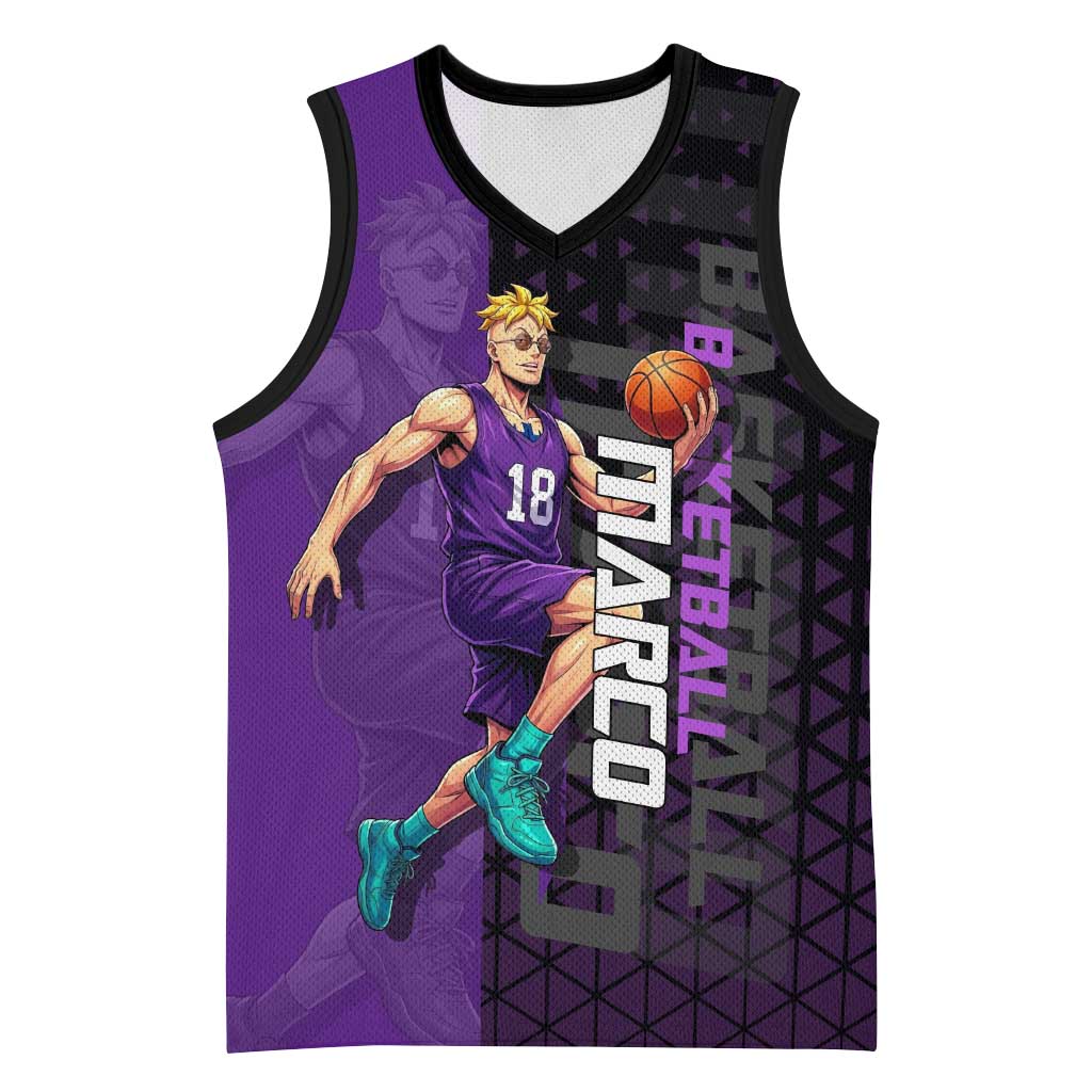 Marco One Piece Basketball Theme Purple and Black Design Basketball Jersey with Phoenix Emblem and Action Pose - The Mazicc