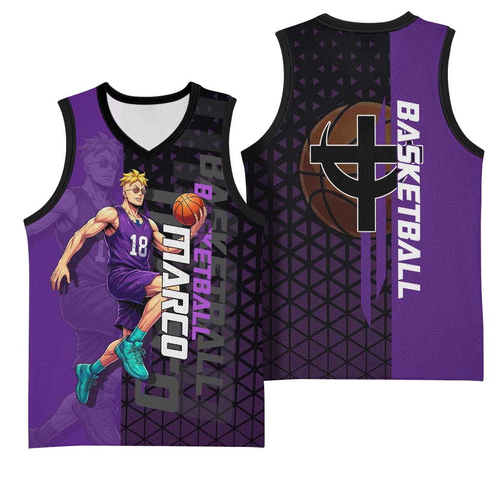 Marco One Piece Basketball Theme Purple and Black Design Basketball Jersey with Phoenix Emblem and Action Pose - The Mazicc