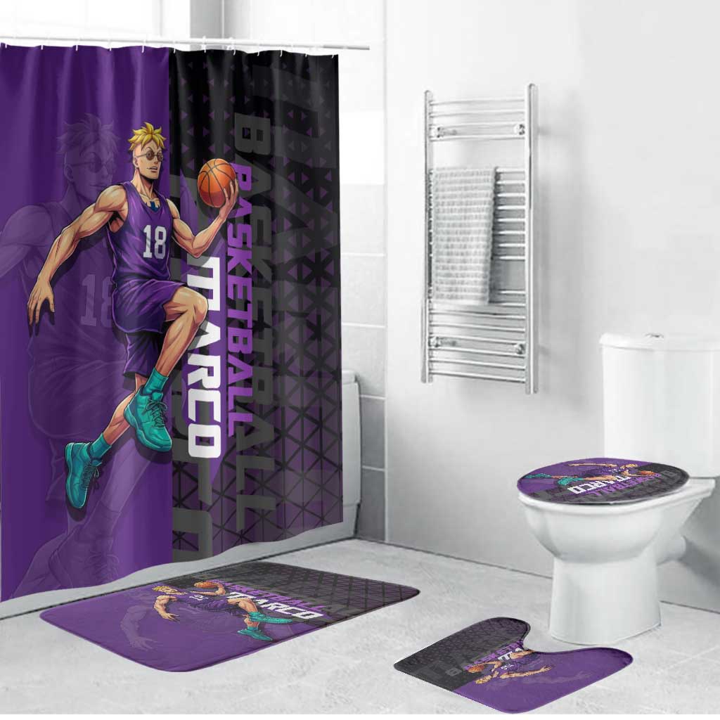 Marco One Piece Basketball Theme Purple and Black Design Bathroom Set with Phoenix Emblem and Action Pose - The Mazicc