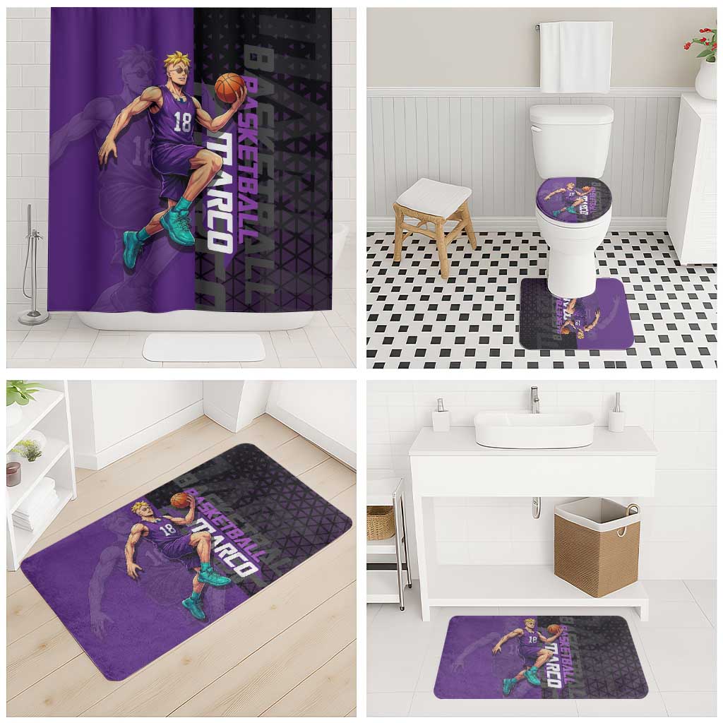 Marco One Piece Basketball Theme Purple and Black Design Bathroom Set with Phoenix Emblem and Action Pose - The Mazicc