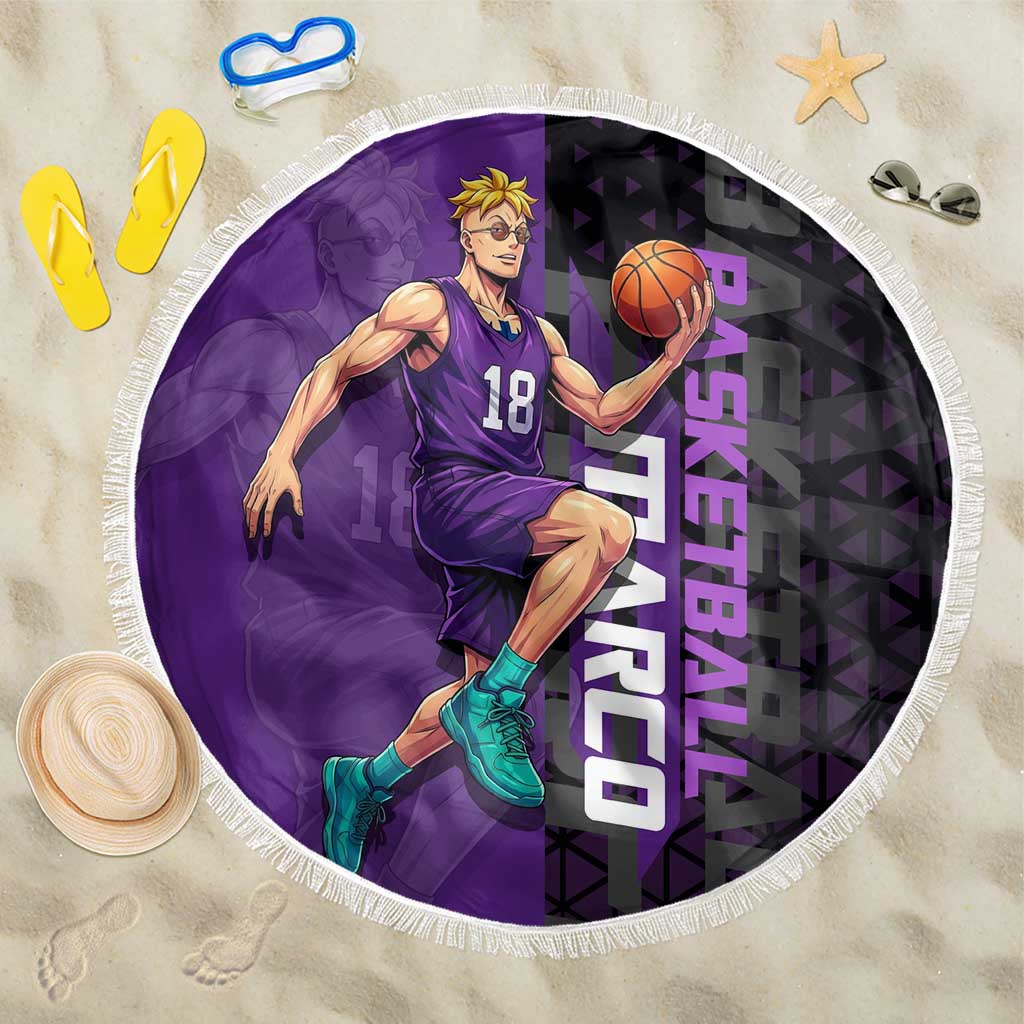Marco One Piece Basketball Theme Purple and Black Design Beach Blanket with Phoenix Emblem and Action Pose - The Mazicc