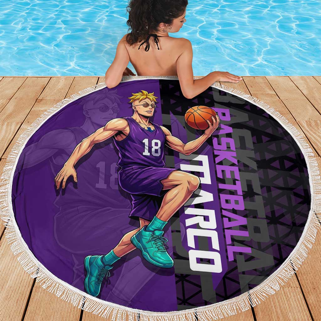 Marco One Piece Basketball Theme Purple and Black Design Beach Blanket with Phoenix Emblem and Action Pose - The Mazicc