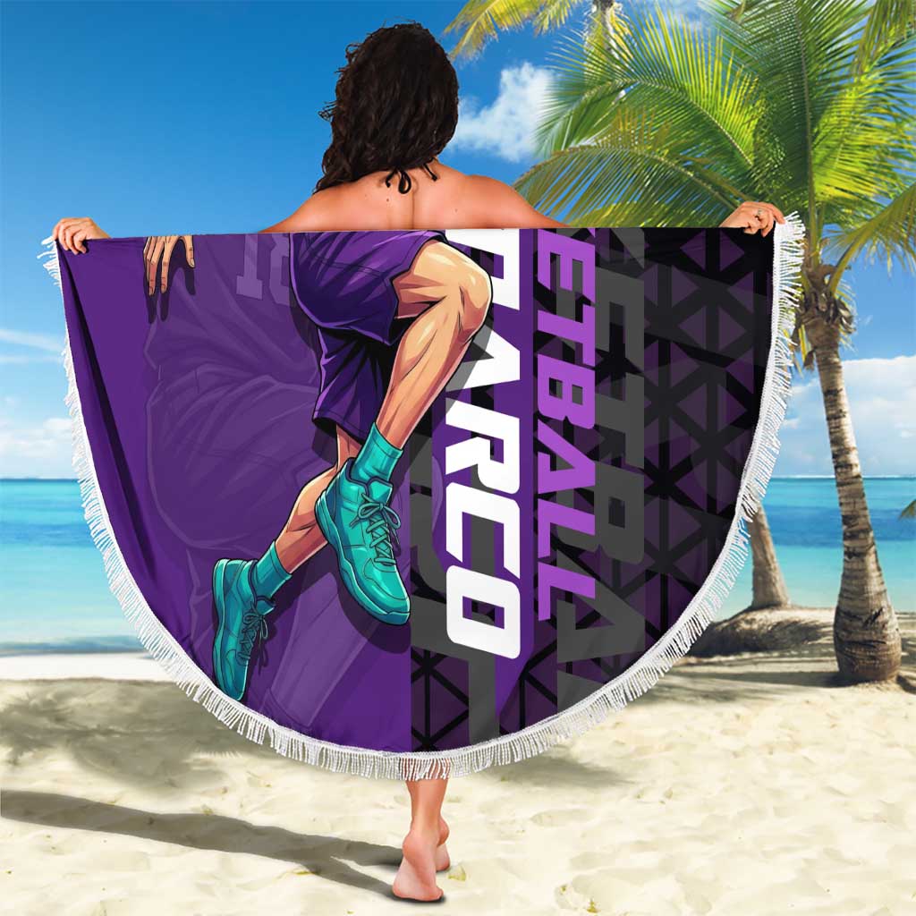 Marco One Piece Basketball Theme Purple and Black Design Beach Blanket with Phoenix Emblem and Action Pose - The Mazicc