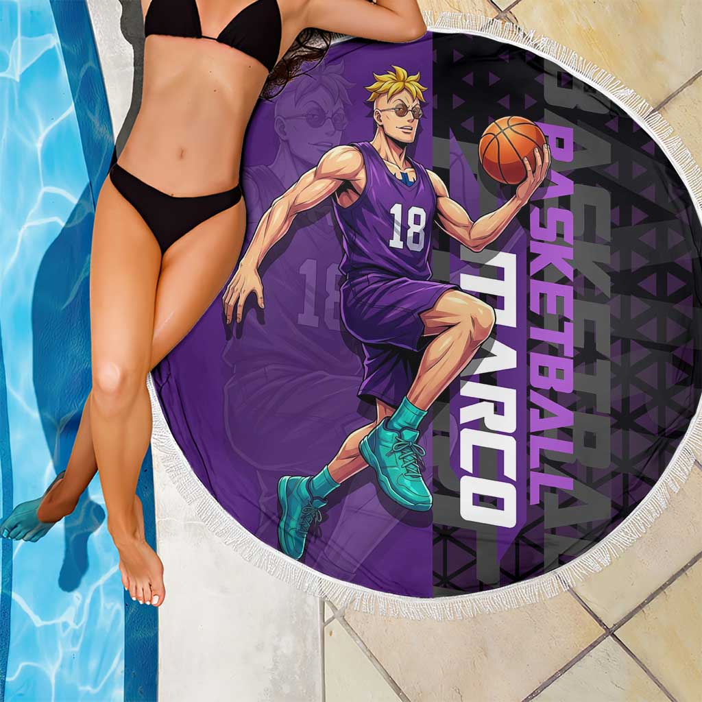 Marco One Piece Basketball Theme Purple and Black Design Beach Blanket with Phoenix Emblem and Action Pose - The Mazicc