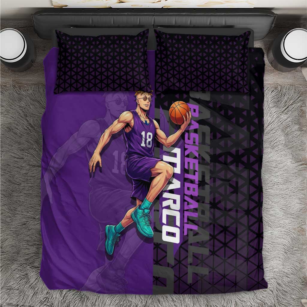 Marco One Piece Basketball Theme Purple and Black Design Bedding Set with Phoenix Emblem and Action Pose - The Mazicc