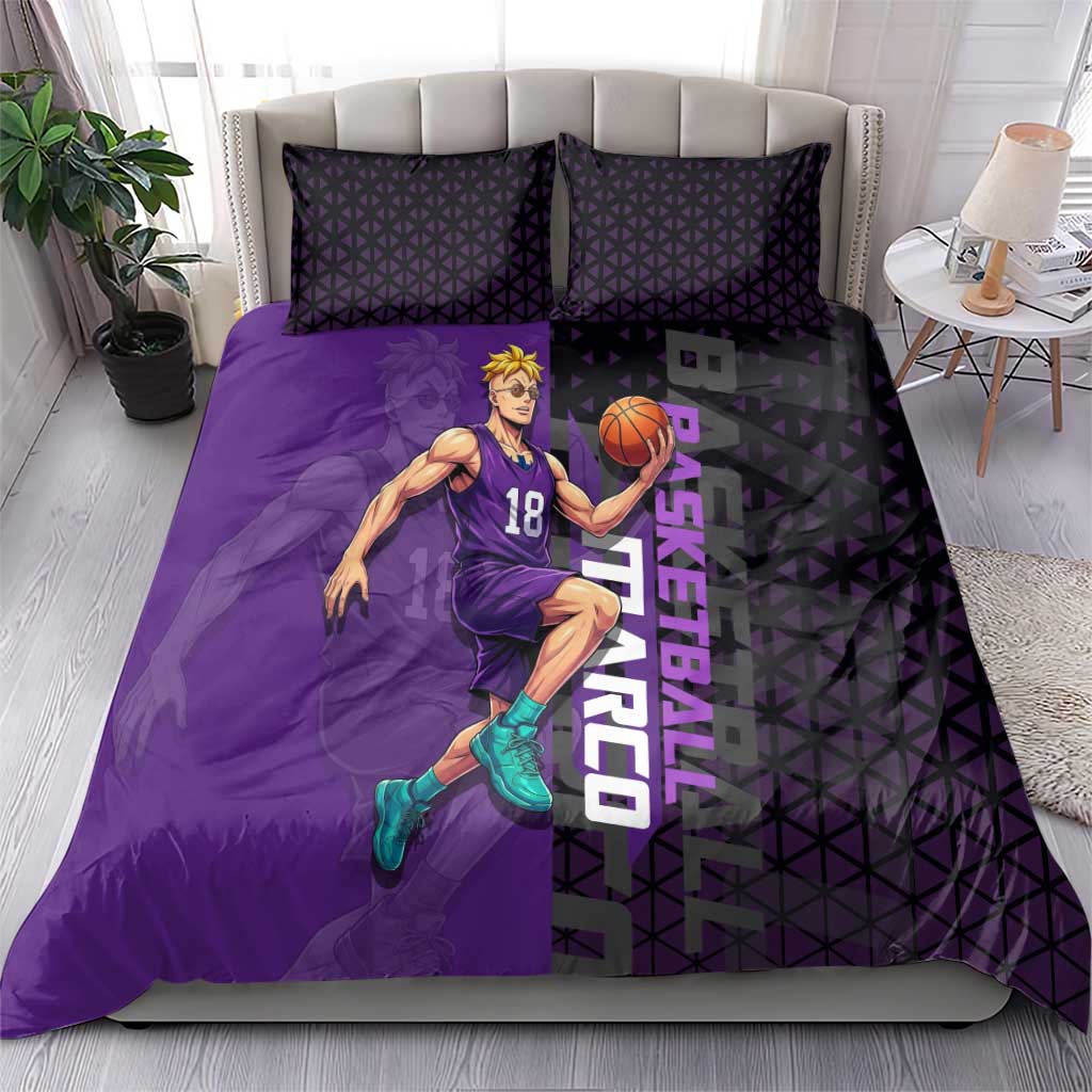 Marco One Piece Basketball Theme Purple and Black Design Bedding Set with Phoenix Emblem and Action Pose - The Mazicc