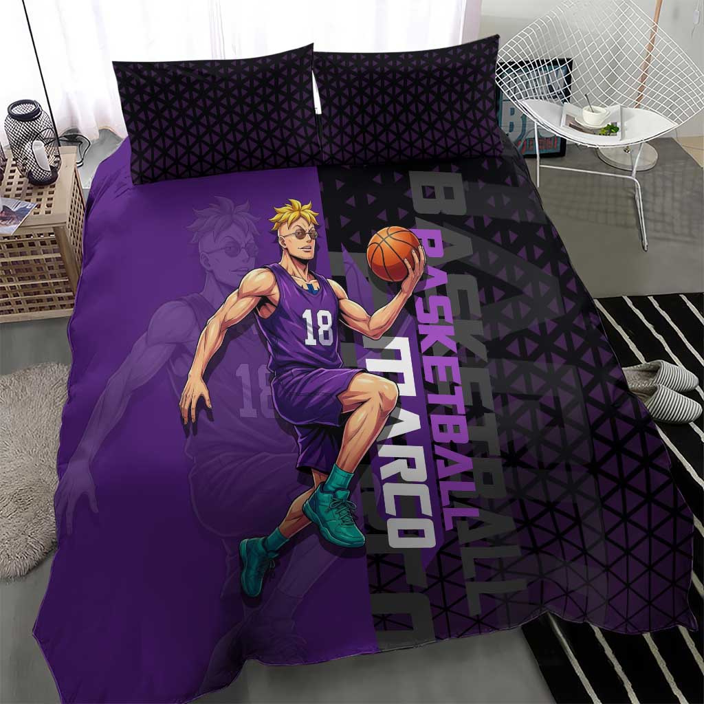 Marco One Piece Basketball Theme Purple and Black Design Bedding Set with Phoenix Emblem and Action Pose - The Mazicc