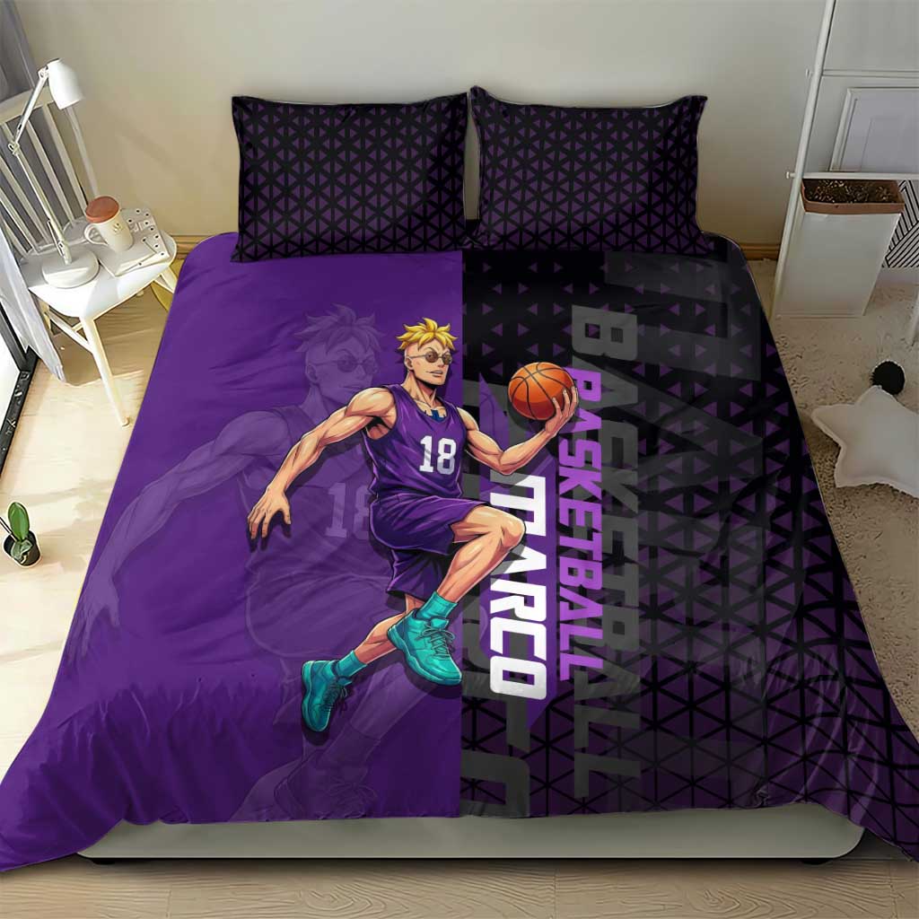 Marco One Piece Basketball Theme Purple and Black Design Bedding Set with Phoenix Emblem and Action Pose - The Mazicc