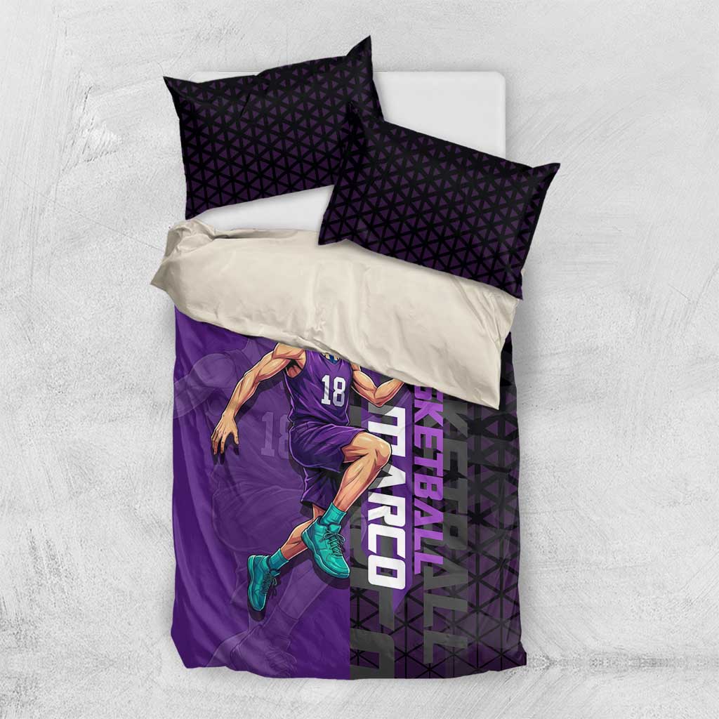 Marco One Piece Basketball Theme Purple and Black Design Bedding Set with Phoenix Emblem and Action Pose - The Mazicc