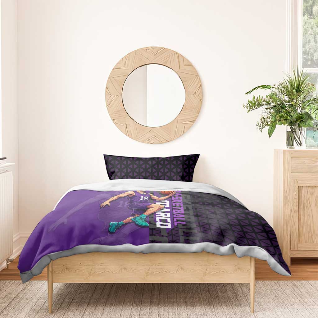 Marco One Piece Basketball Theme Purple and Black Design Bedding Set with Phoenix Emblem and Action Pose - The Mazicc