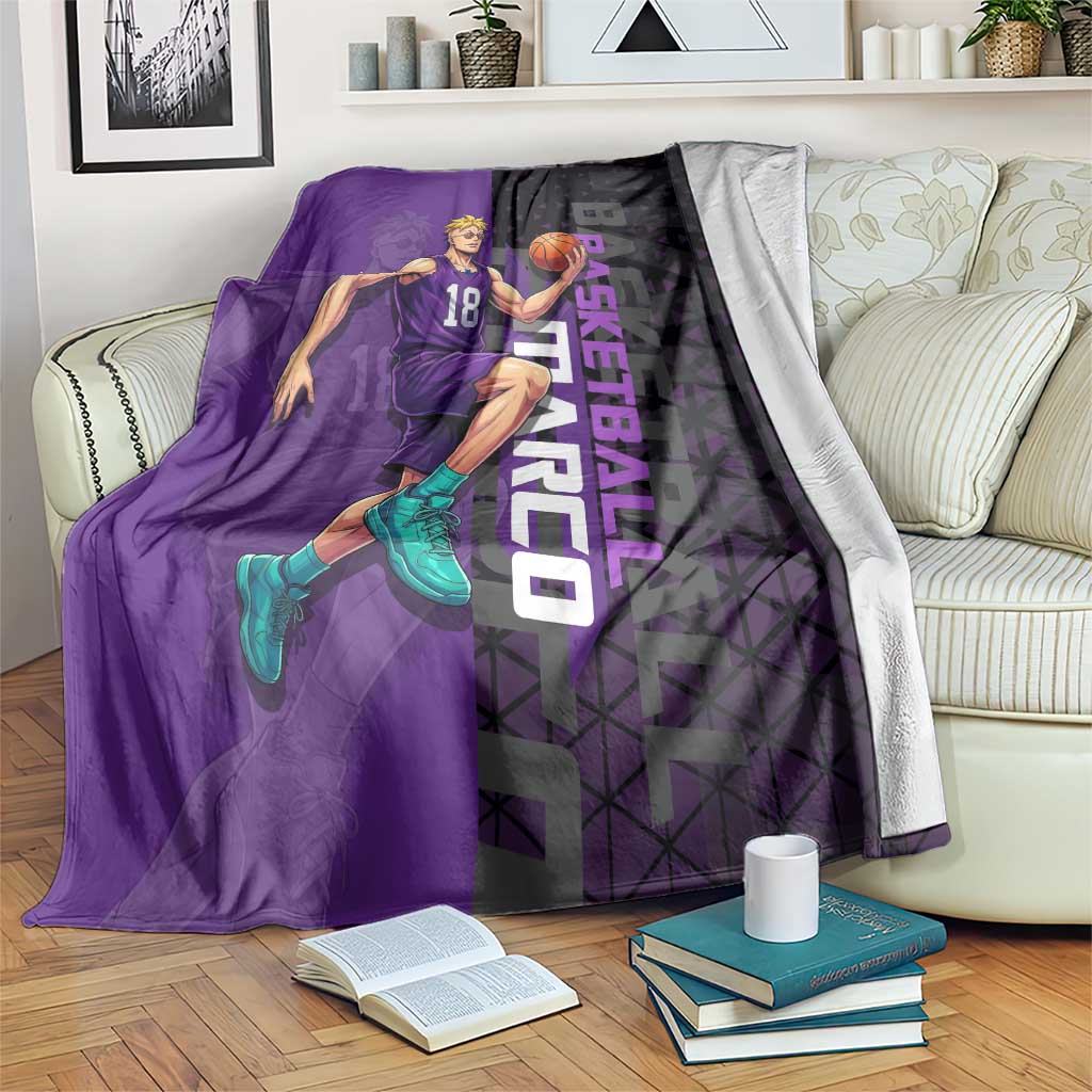 Marco One Piece Basketball Theme Purple and Black Design Blanket with Phoenix Emblem and Action Pose - The Mazicc