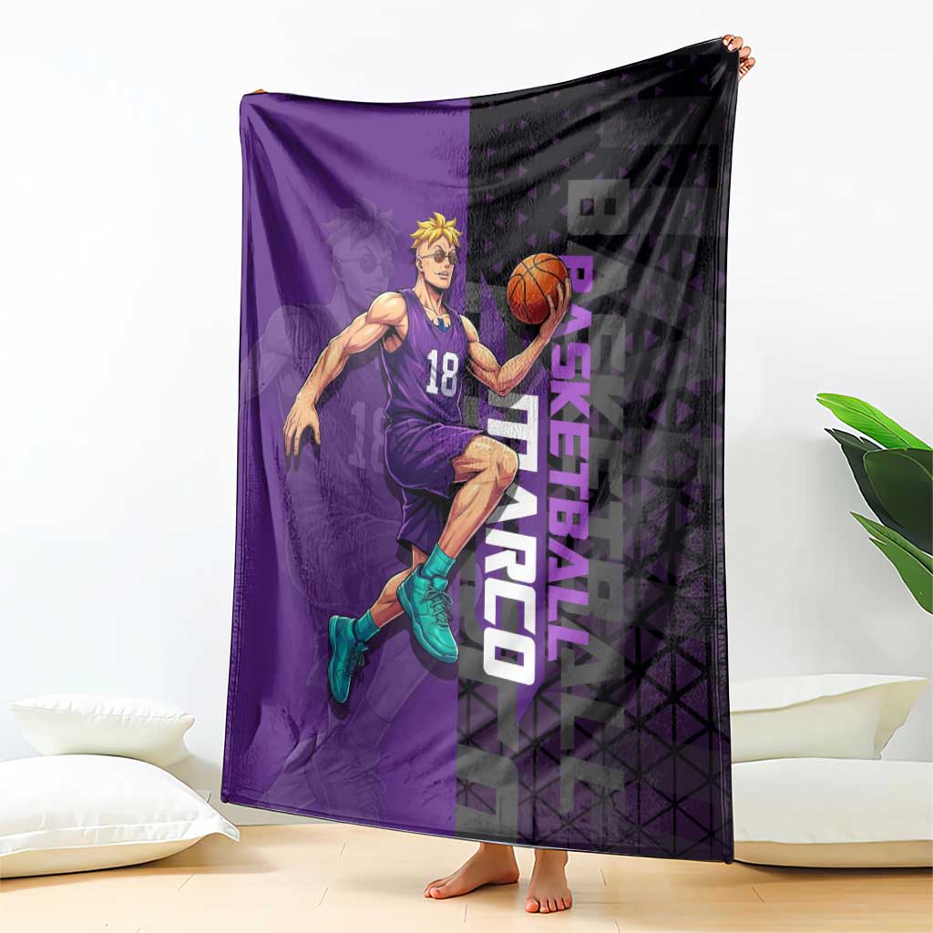 Marco One Piece Basketball Theme Purple and Black Design Blanket with Phoenix Emblem and Action Pose - The Mazicc
