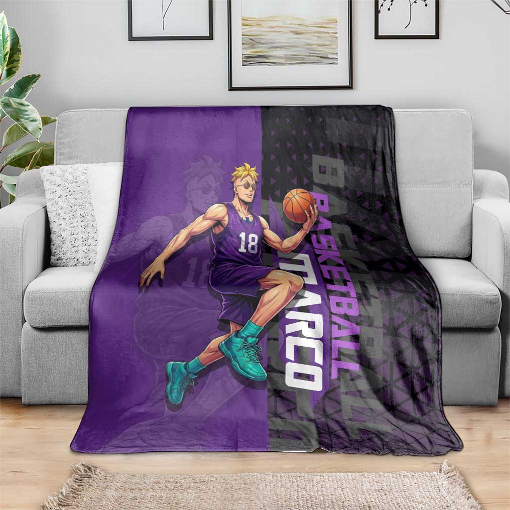 Marco One Piece Basketball Theme Purple and Black Design Blanket with Phoenix Emblem and Action Pose - The Mazicc