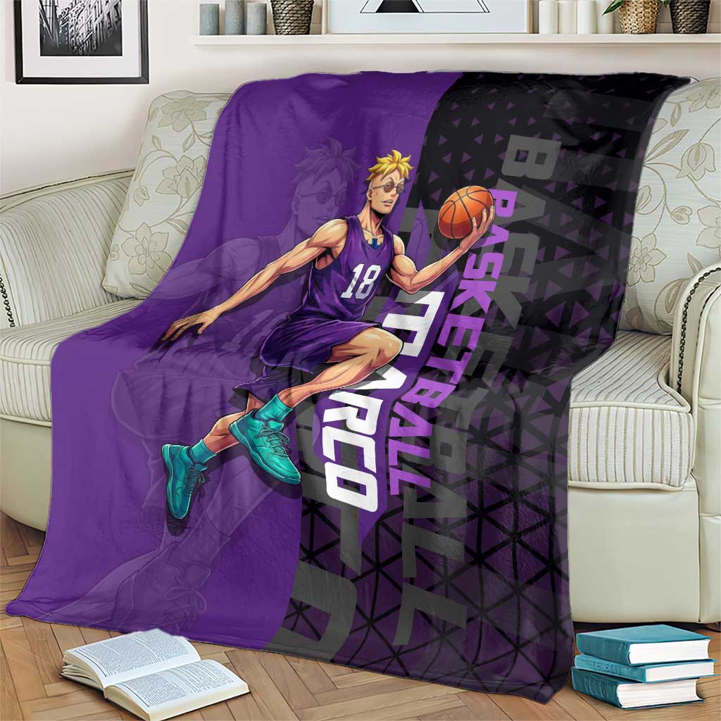 Marco One Piece Basketball Theme Purple and Black Design Blanket with Phoenix Emblem and Action Pose - The Mazicc